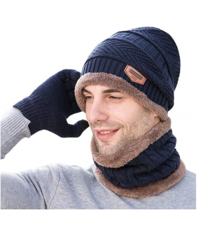 Women Knitted Hats Windproof Fleece Men's Winter Hat Winter Men's Gloves Scarf Hat Three-piece Warm Hat Knitted Hats Navy $10...