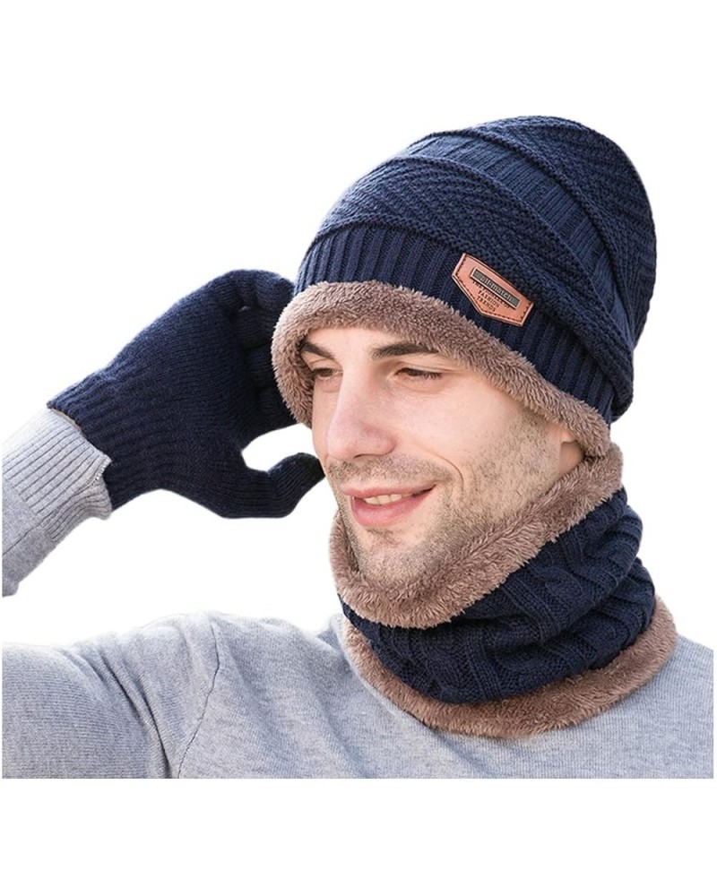 Women Knitted Hats Windproof Fleece Men's Winter Hat Winter Men's Gloves Scarf Hat Three-piece Warm Hat Knitted Hats Navy $10...