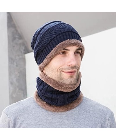 Women Knitted Hats Windproof Fleece Men's Winter Hat Winter Men's Gloves Scarf Hat Three-piece Warm Hat Knitted Hats Navy $10...