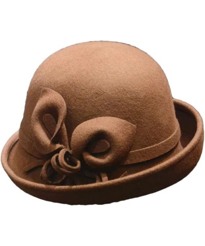 Vintage Women's Winter Bucket Hats Bow Caps Wool Flower Hat Headdress Outdoor Fedoras Coffee $21.39 Fedoras