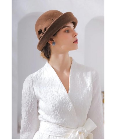 Vintage Women's Winter Bucket Hats Bow Caps Wool Flower Hat Headdress Outdoor Fedoras Coffee $21.39 Fedoras