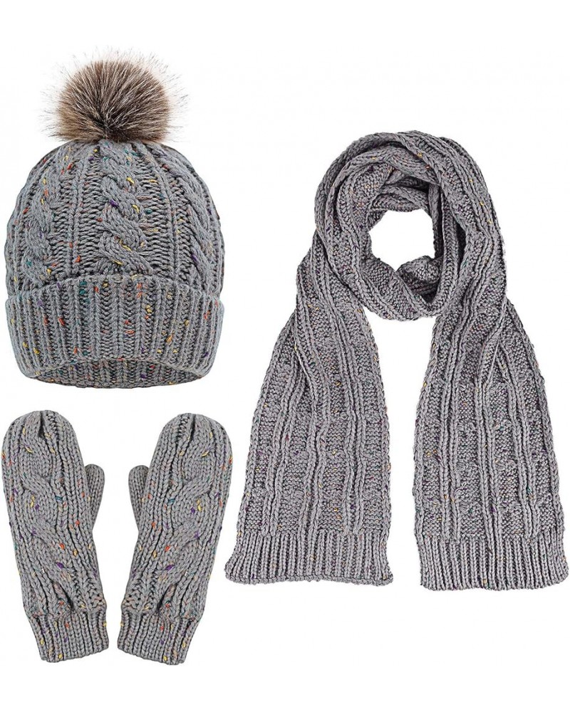 Adult Women's 3 Piece Winter Set - Pompom Beanie Hat, Scarf, & Mittens Grey Glove W/ Lined $23.19 Skullies & Beanies