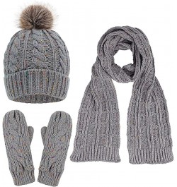 Adult Women's 3 Piece Winter Set - Pompom Beanie Hat, Scarf, & Mittens Grey Glove W/ Lined $23.19 Skullies & Beanies