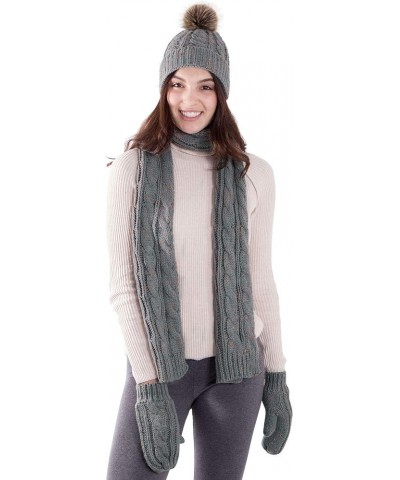 Adult Women's 3 Piece Winter Set - Pompom Beanie Hat, Scarf, & Mittens Grey Glove W/ Lined $23.19 Skullies & Beanies