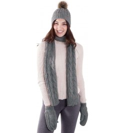 Adult Women's 3 Piece Winter Set - Pompom Beanie Hat, Scarf, & Mittens Grey Glove W/ Lined $23.19 Skullies & Beanies