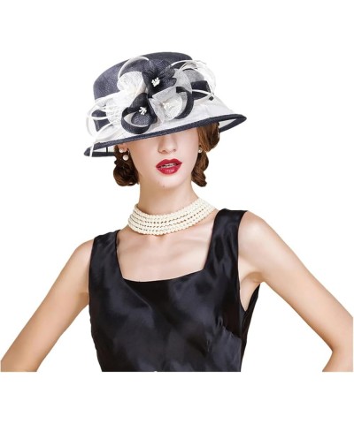 British Blue White Wedding Hat for Women Elegant Church Flower Wide Brim Fedoras Linen Hat Lady Navy $38.61 Fedoras