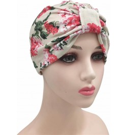 Women Pre-Tied Head Scarf Beanie Covers Cap Stretch Print Sleep Turban Hat Ruffle Beanie Turbans Beige $6.65 Skullies & Beanies