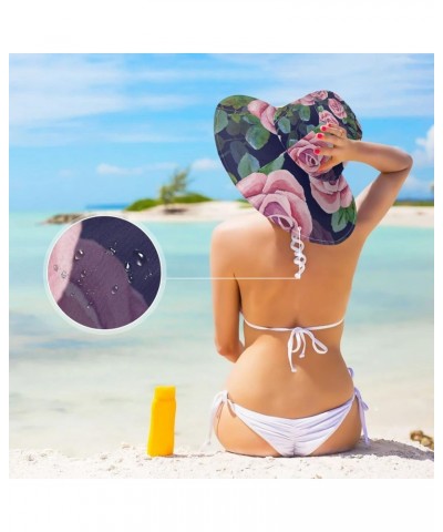 Women's Foldable Floppy Travel Beach Sun Visor Hat Pink Rose Navy Wide Brim Visor Waterproof(236rh1a) $10.81 Sun Hats