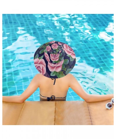 Women's Foldable Floppy Travel Beach Sun Visor Hat Pink Rose Navy Wide Brim Visor Waterproof(236rh1a) $10.81 Sun Hats