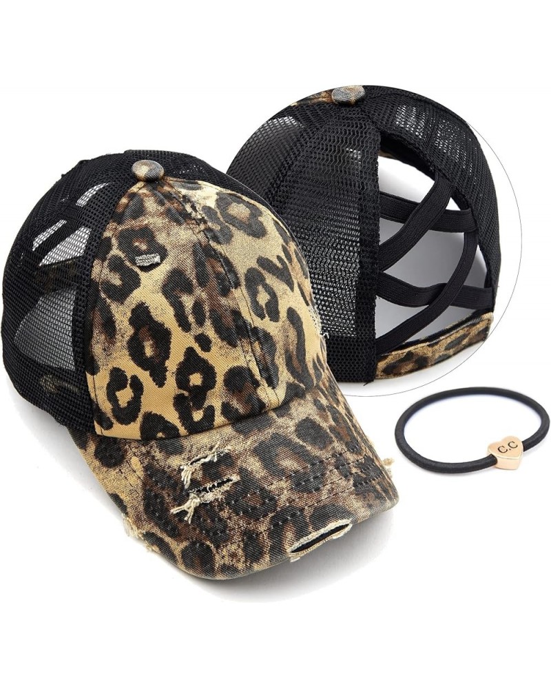 Exclusives Washed Distressed Cotton Denim Criss-Cross Ponytail Hat Baseball Cap Bundle Hair Tie (BT-780) Leopard $12.87 Baseb...