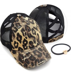 Exclusives Washed Distressed Cotton Denim Criss-Cross Ponytail Hat Baseball Cap Bundle Hair Tie (BT-780) Leopard $12.87 Baseb...