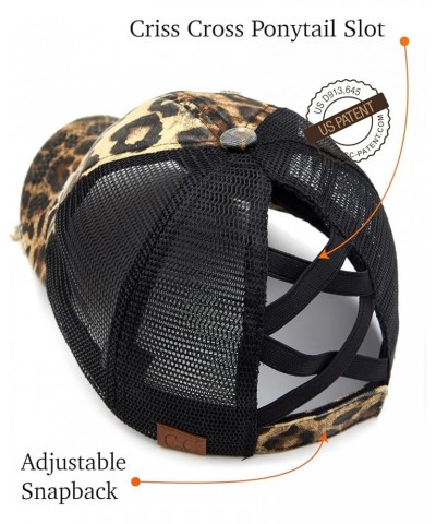 Exclusives Washed Distressed Cotton Denim Criss-Cross Ponytail Hat Baseball Cap Bundle Hair Tie (BT-780) Leopard $12.87 Baseb...