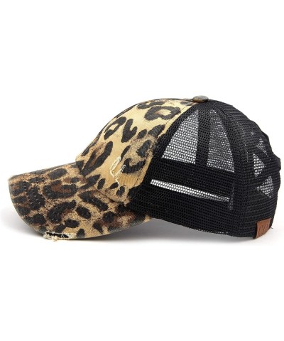 Exclusives Washed Distressed Cotton Denim Criss-Cross Ponytail Hat Baseball Cap Bundle Hair Tie (BT-780) Leopard $12.87 Baseb...