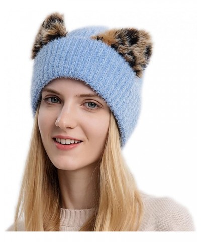 Women's Wool Hat Leopard Print Cat Ear Hat Women's Elastic Knitting Cold Hat Ski Hat Warm Hat Hats Caps Blue $9.58 Skullies &...