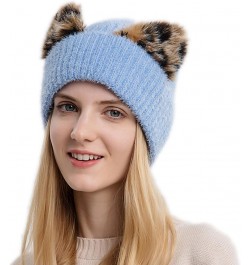 Women's Wool Hat Leopard Print Cat Ear Hat Women's Elastic Knitting Cold Hat Ski Hat Warm Hat Hats Caps Blue $9.58 Skullies &...