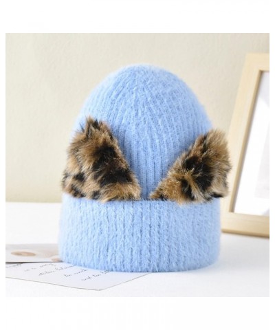 Women's Wool Hat Leopard Print Cat Ear Hat Women's Elastic Knitting Cold Hat Ski Hat Warm Hat Hats Caps Blue $9.58 Skullies &...