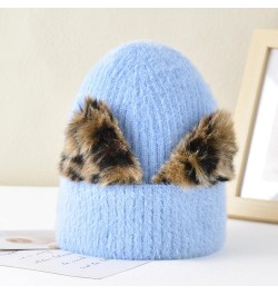 Women's Wool Hat Leopard Print Cat Ear Hat Women's Elastic Knitting Cold Hat Ski Hat Warm Hat Hats Caps Blue $9.58 Skullies &...