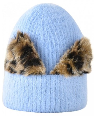 Women's Wool Hat Leopard Print Cat Ear Hat Women's Elastic Knitting Cold Hat Ski Hat Warm Hat Hats Caps Blue $9.58 Skullies &...