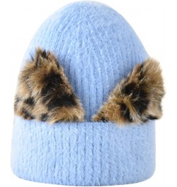 Women's Wool Hat Leopard Print Cat Ear Hat Women's Elastic Knitting Cold Hat Ski Hat Warm Hat Hats Caps Blue $9.58 Skullies &...