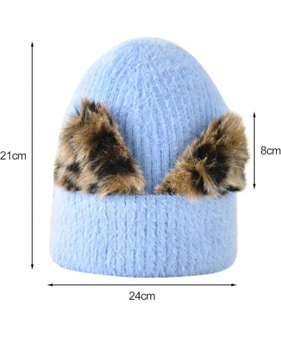 Women's Wool Hat Leopard Print Cat Ear Hat Women's Elastic Knitting Cold Hat Ski Hat Warm Hat Hats Caps Blue $9.58 Skullies &...