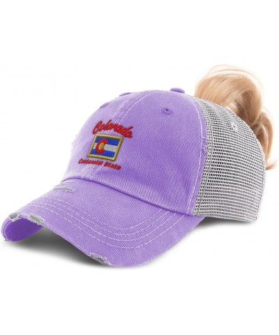 Womens Ponytail Cap Colorado Centennial State Style B Cotton Distressed Trucker Hats Lavender $13.72 Baseball Caps