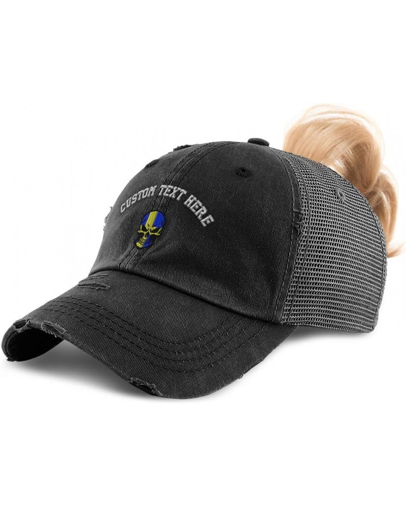 Custom Womens Ponytail Cap Sweden Flag Skull Embroidery Cotton Strap Closure Black Personalized Text Here $12.00 Baseball Caps