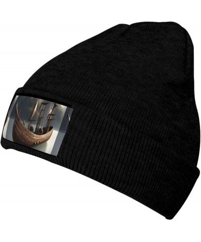 Nordic Pirate Ship Print Knitted Hat Daily Warm Hat,Outdoor Beanie Men & Women,Elastic Hat Without Brim Black $11.39 Skullies...