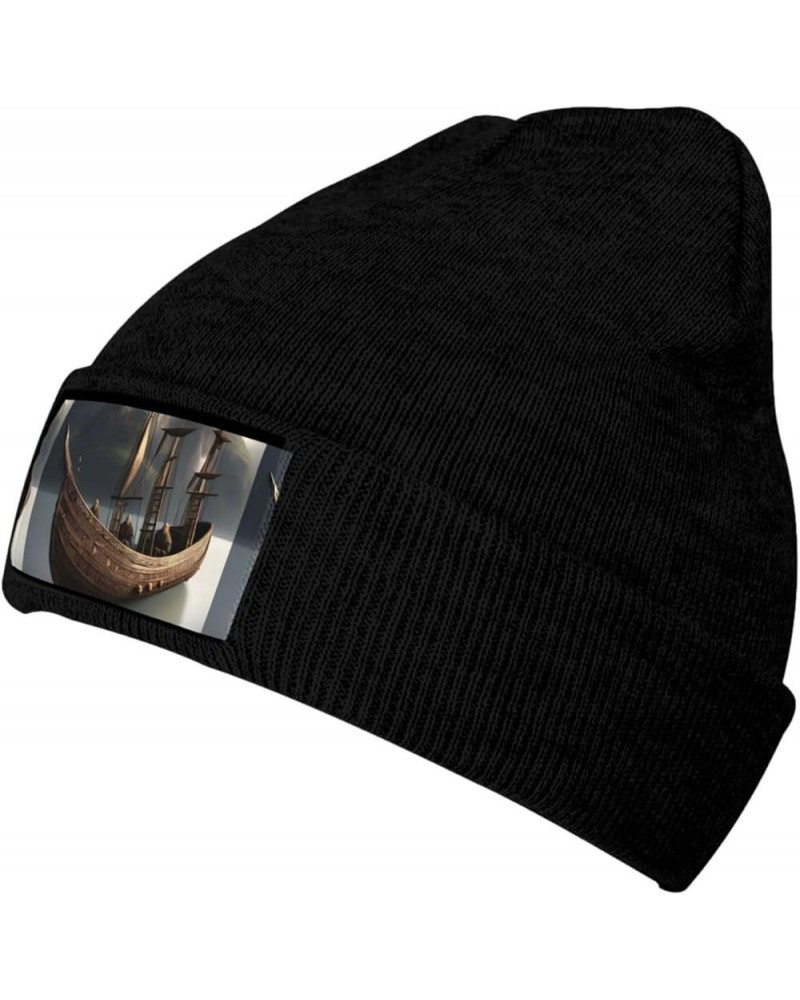 Nordic Pirate Ship Print Knitted Hat Daily Warm Hat,Outdoor Beanie Men & Women,Elastic Hat Without Brim Black $11.39 Skullies...