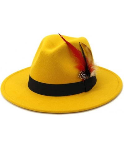 Fashion Feather Decor Wool Fedora Hats for Women & Men, Wide Brim Gangster Gentleman Felt Jazz Hat Yellow $19.00 Fedoras