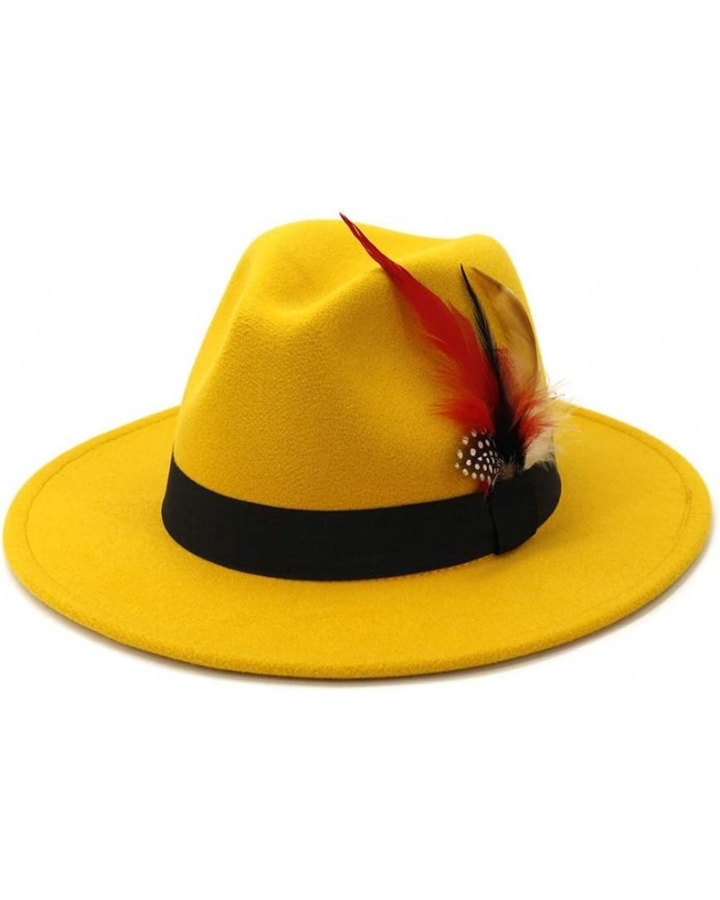 Fashion Feather Decor Wool Fedora Hats for Women & Men, Wide Brim Gangster Gentleman Felt Jazz Hat Yellow $19.00 Fedoras