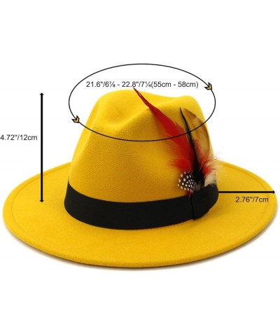 Fashion Feather Decor Wool Fedora Hats for Women & Men, Wide Brim Gangster Gentleman Felt Jazz Hat Yellow $19.00 Fedoras