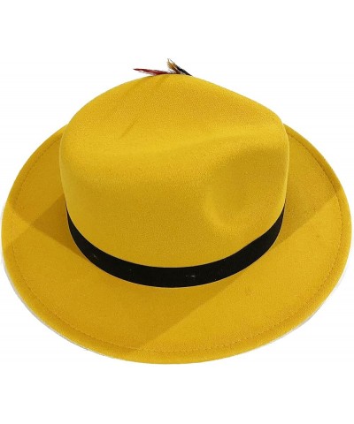 Fashion Feather Decor Wool Fedora Hats for Women & Men, Wide Brim Gangster Gentleman Felt Jazz Hat Yellow $19.00 Fedoras