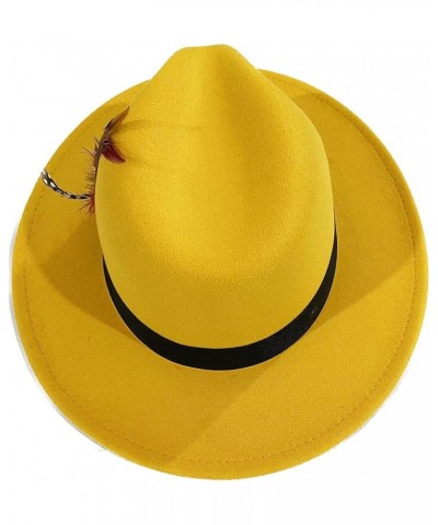 Fashion Feather Decor Wool Fedora Hats for Women & Men, Wide Brim Gangster Gentleman Felt Jazz Hat Yellow $19.00 Fedoras