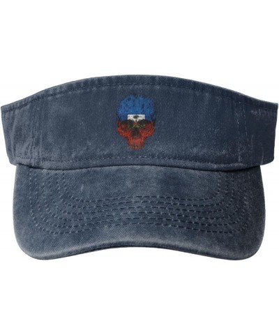 Haitian Flag Haitian Skull Sport Sun Visor Hat Cotton Ball Caps Empty Top Baseball Sun Cap Navy Blue $11.72 Visors