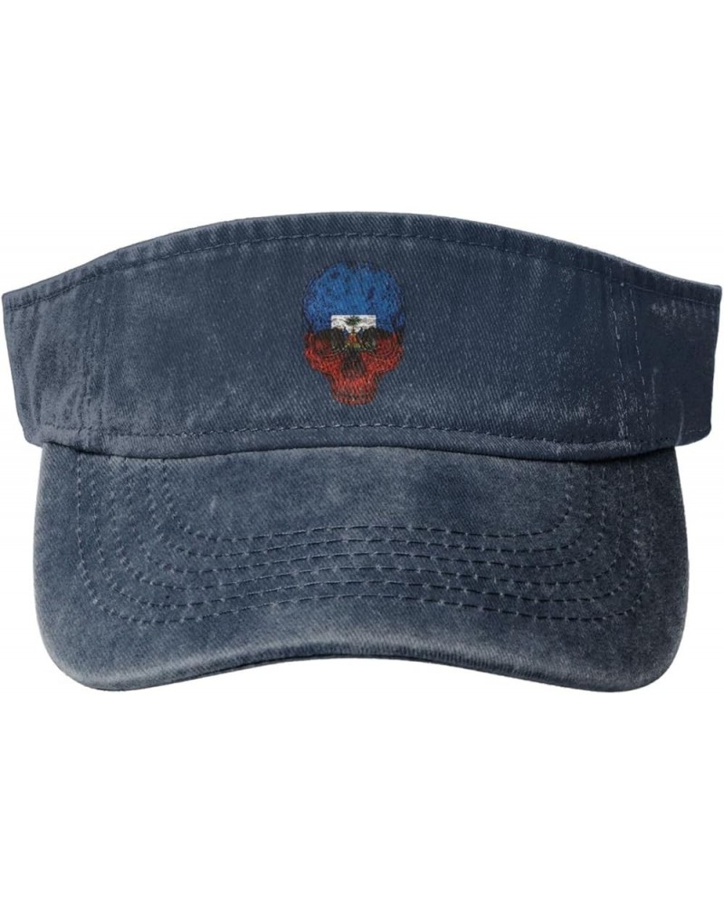 Haitian Flag Haitian Skull Sport Sun Visor Hat Cotton Ball Caps Empty Top Baseball Sun Cap Navy Blue $11.72 Visors