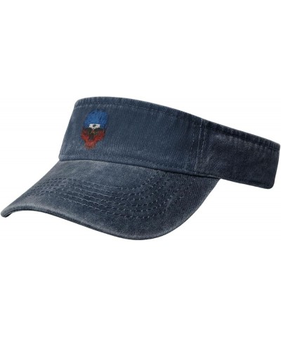 Haitian Flag Haitian Skull Sport Sun Visor Hat Cotton Ball Caps Empty Top Baseball Sun Cap Navy Blue $11.72 Visors