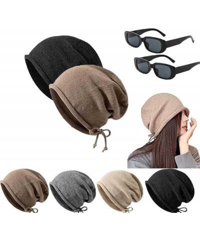 Pop Style Show Face Smaller Stacked Hat, Slouchy Knit Folded Hat, Drawstring Stack Hat for Women Coffee+black $13.79 Skullies...