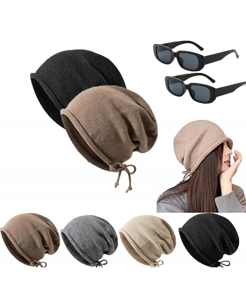 Pop Style Show Face Smaller Stacked Hat, Slouchy Knit Folded Hat, Drawstring Stack Hat for Women Coffee+black $13.79 Skullies...