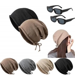 Pop Style Show Face Smaller Stacked Hat, Slouchy Knit Folded Hat, Drawstring Stack Hat for Women Coffee+black $13.79 Skullies...