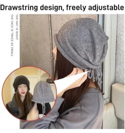 Pop Style Show Face Smaller Stacked Hat, Slouchy Knit Folded Hat, Drawstring Stack Hat for Women Coffee+black $13.79 Skullies...