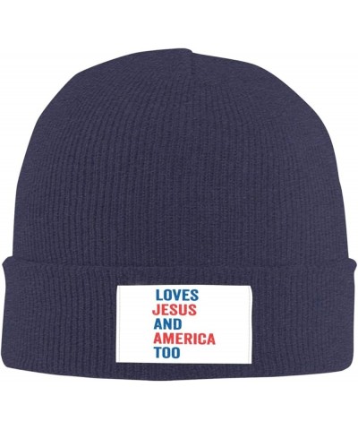 Jesus and America Too Beanie Knit Women Hats Black Daily Knit Ribbed Cap Men Winter Warm Hat Navy Blue $9.93 Skullies & Beanies