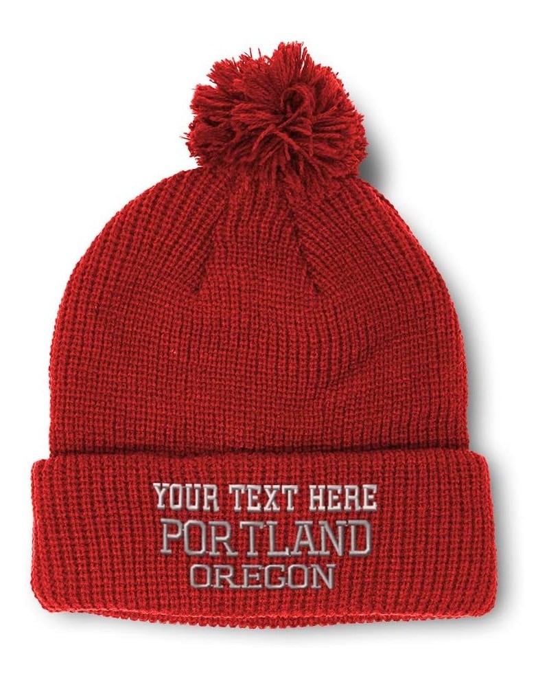 Custom Pom Pom Beanies for Women Oregon Portland United States Embroidery Skull Cap Acrylic 1 Size Red Personalized Text Here...