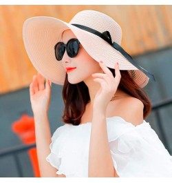 Women's Travel Hats Ladies Big Brim Straw Hat Sun Floppy Wide Brim Hats Bow Knot Folding Beach Solid Outdoor Caps Pink $10.85...