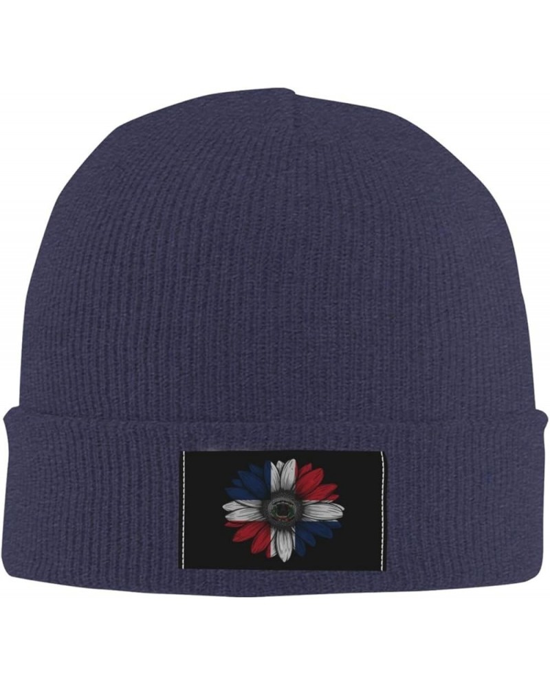 Vintage Sunflower Dominican Republic Flag Unisex Winter Knit Hat Black Navy Blue $12.68 Skullies & Beanies