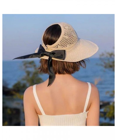 Women Summer Big Wide Brim Straw Hat Ponytailtail Beach Sun Hats Hollow Ribbon Bows Cap 56-60cm B Khaki $9.89 Sun Hats