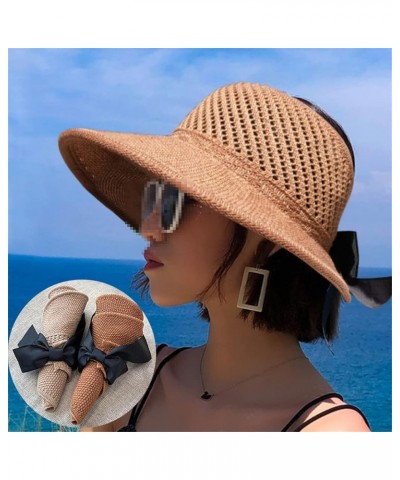 Women Summer Big Wide Brim Straw Hat Ponytailtail Beach Sun Hats Hollow Ribbon Bows Cap 56-60cm B Khaki $9.89 Sun Hats