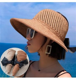 Women Summer Big Wide Brim Straw Hat Ponytailtail Beach Sun Hats Hollow Ribbon Bows Cap 56-60cm B Khaki $9.89 Sun Hats