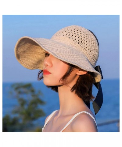 Women Summer Big Wide Brim Straw Hat Ponytailtail Beach Sun Hats Hollow Ribbon Bows Cap 56-60cm B Khaki $9.89 Sun Hats