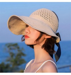 Women Summer Big Wide Brim Straw Hat Ponytailtail Beach Sun Hats Hollow Ribbon Bows Cap 56-60cm B Khaki $9.89 Sun Hats