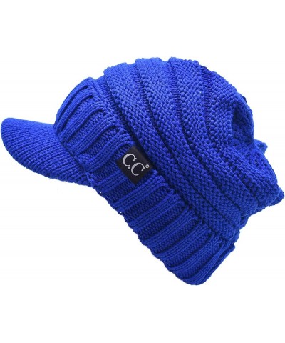 Trendy Warm Oversized Chunky Soft Oversized Ribbed Slouchy Knit Hat with Visor Brim Royal Blue $11.75 Skullies & Beanies